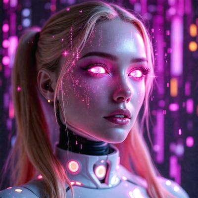 The primary subject of the image is a woman with pink hair and purple eyes. She is wearing a white outfit and has a pink background. The visual style of the image is digital art, and the colors and mood are predominantly pink and purple, creating a vibrant and unique atmosphere.